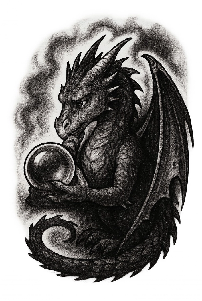 Tattoovorlage Drachen mit Glaskugel und nachdenklichem Ausdruck