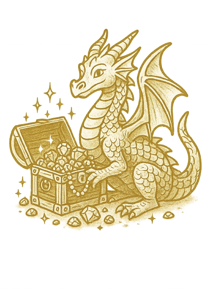 Tattoovorlage Drachen mit Schatztruhe und funkelnden Juwelen