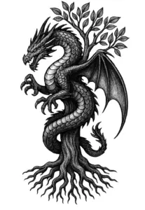 tattoovorlage-drachen-um-baum-mit-wurzeln-und-blaettern