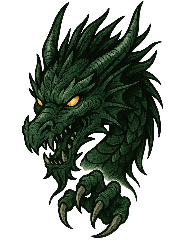 Tattoovorlage Drachenkopf mit leuchtenden Augen und scharfen Krallen