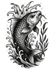tattoovorlage-dynamisches-fischmotiv-wellen-wasserpflanzen-oberschenkel