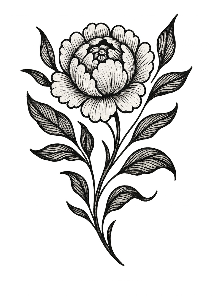 Tattoovorlage einer Pfingstrose mit geschwungenen Blättern