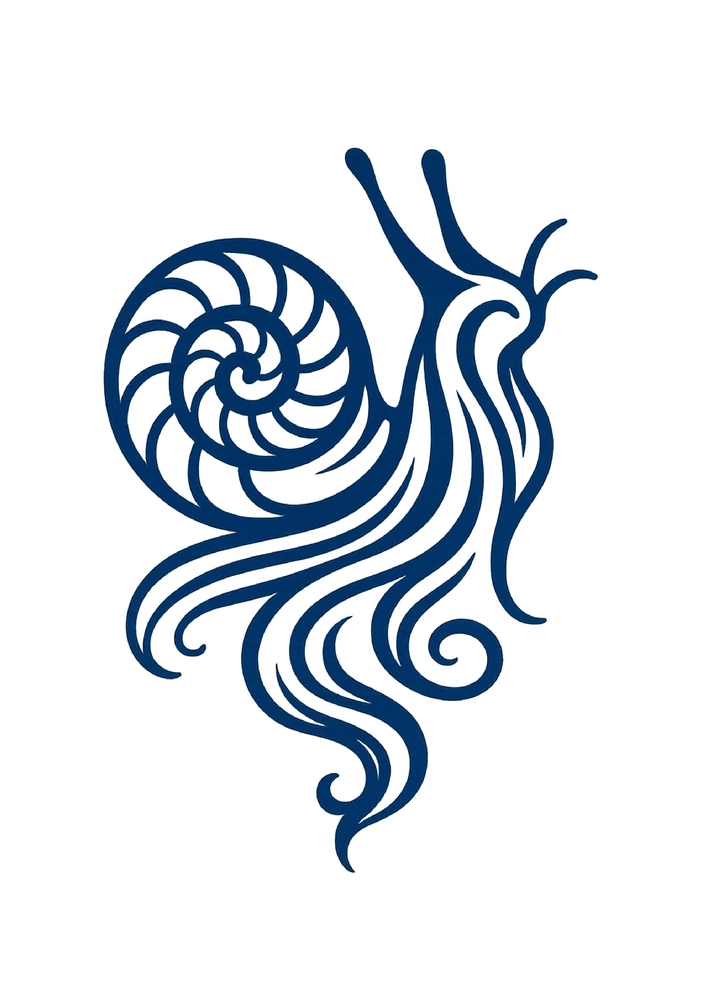 Tattoovorlage einer stilisierten Meeresschnecke mit geschwungenen Linien