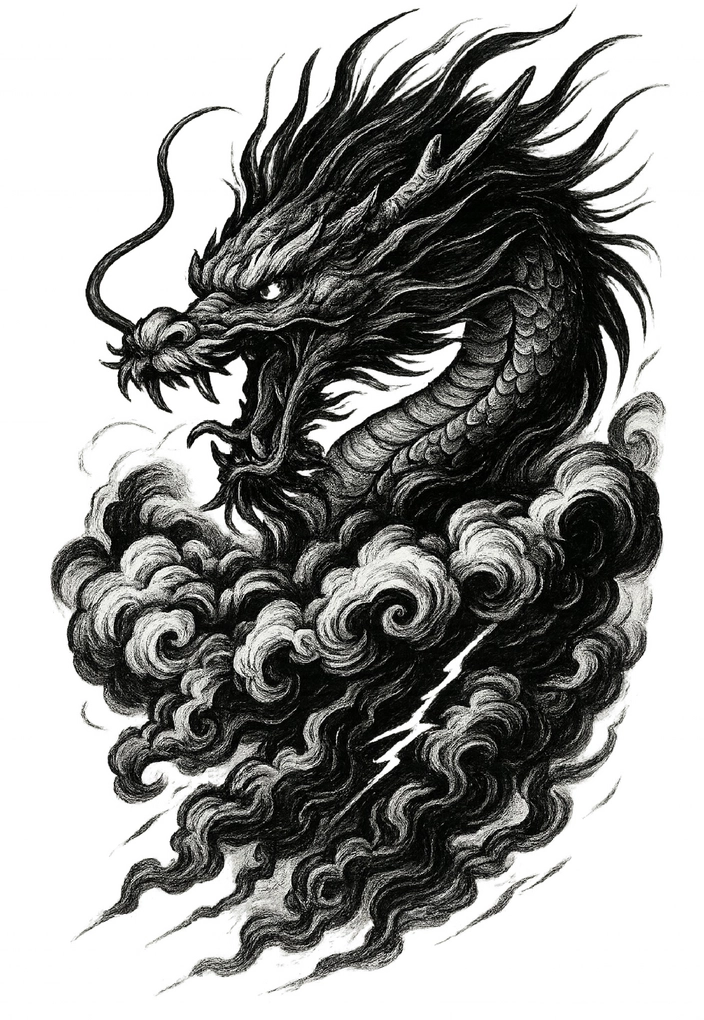 Tattoovorlage eines Drachen in stürmischen Wolken