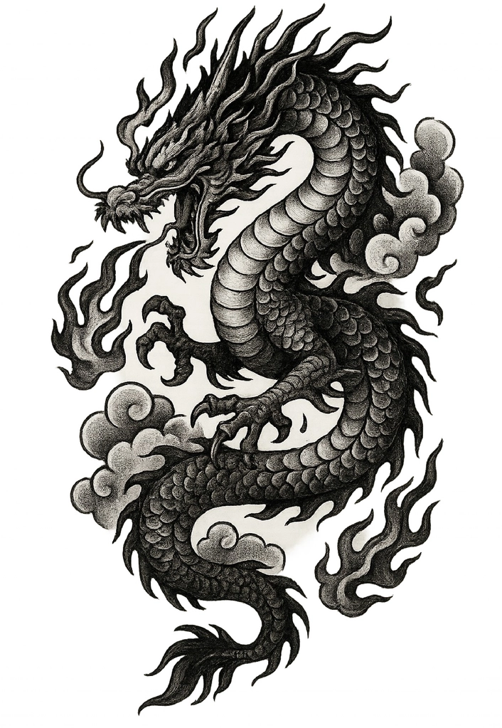 Tattoovorlage eines Drachen mit Flammen und Wolken