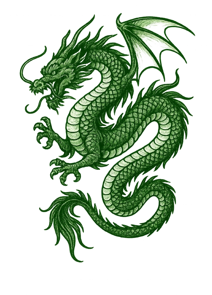 Tattoovorlage eines kraftvollen Drachen für den Rücken