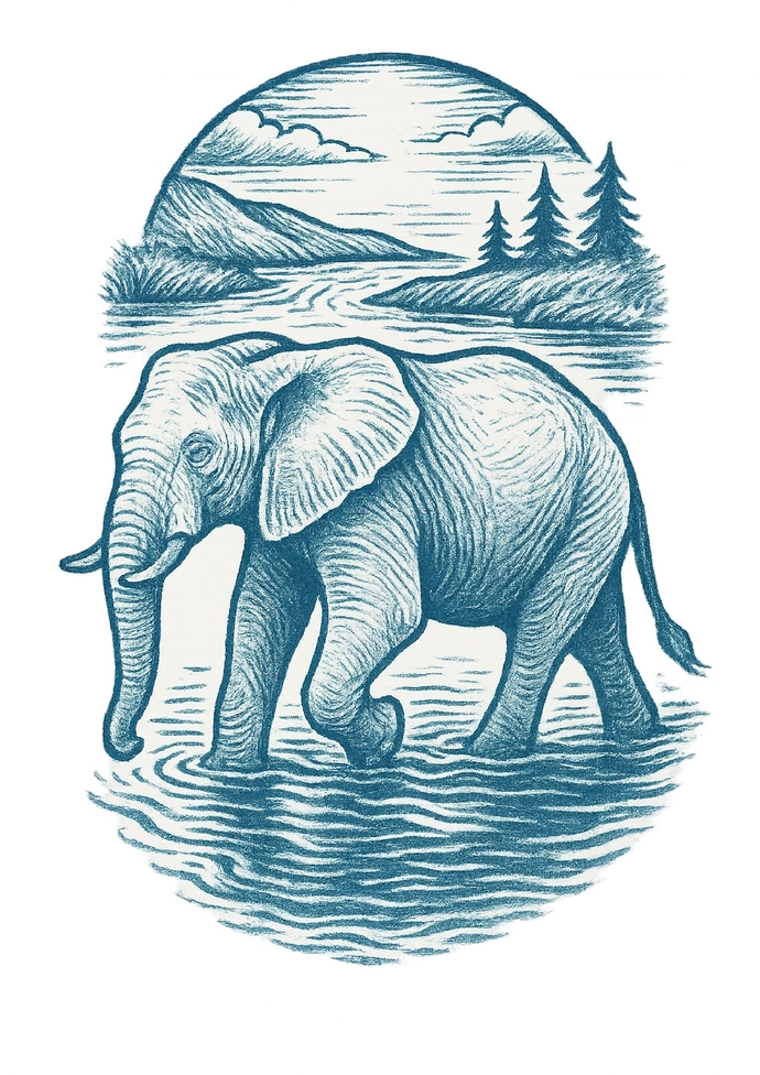 Tattoovorlage Elefant im Wasser mit Landschaft
