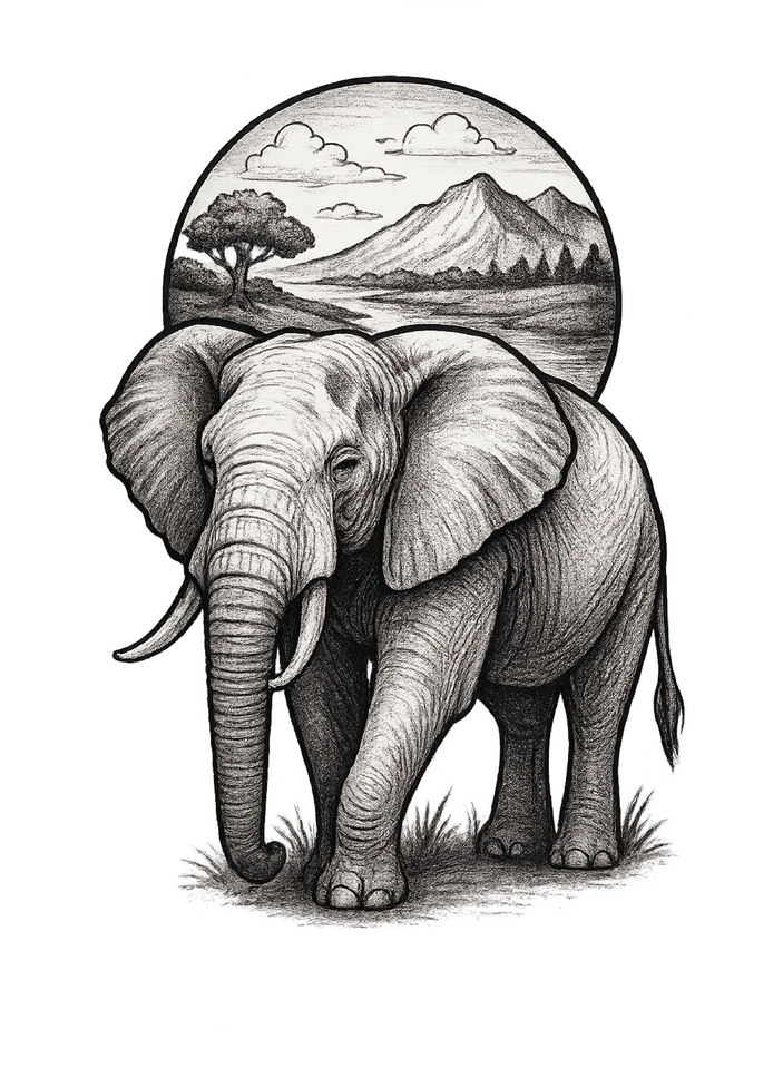 Tattoovorlage Elefant mit beruhigender Landschaft
