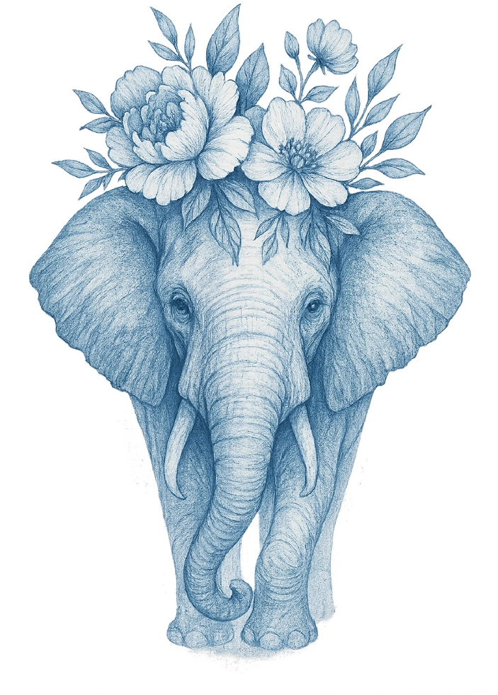 Tattoovorlage Elefant mit Blumenkrone in Blau