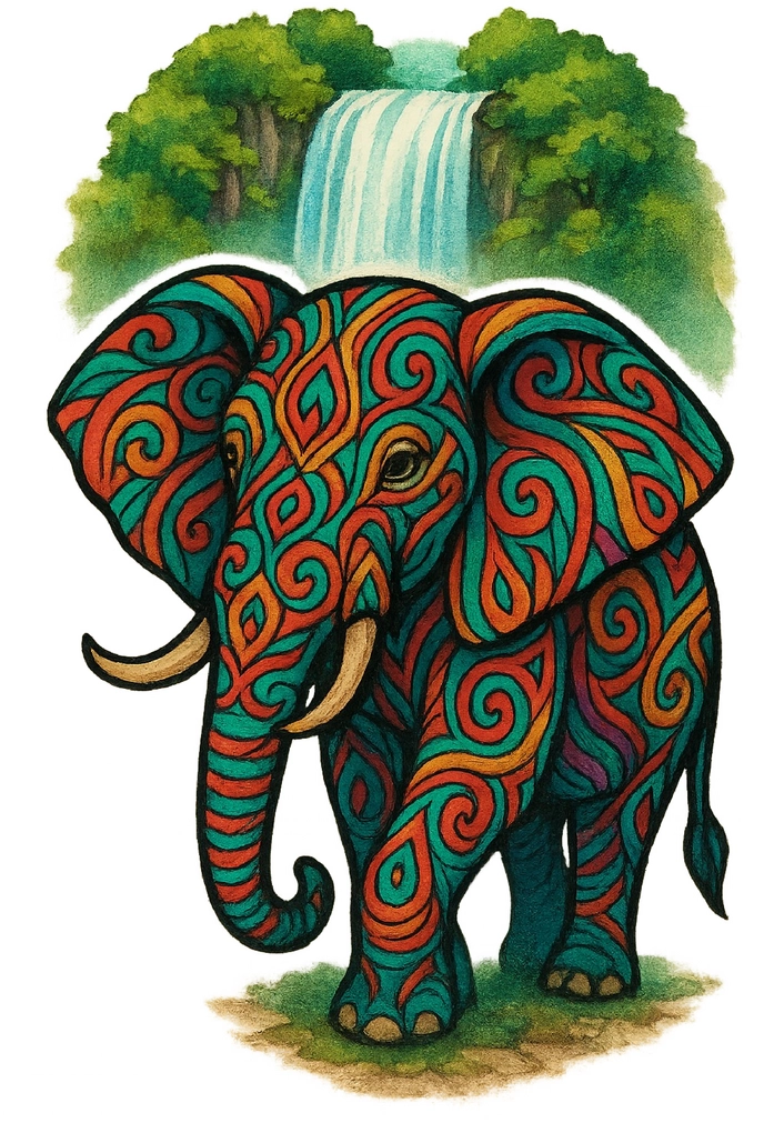 Tattoovorlage Elefant mit bunten Tribal-Mustern und Wasserfall