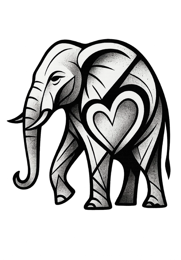 Tattoovorlage Elefant mit Herz in modernem Stil