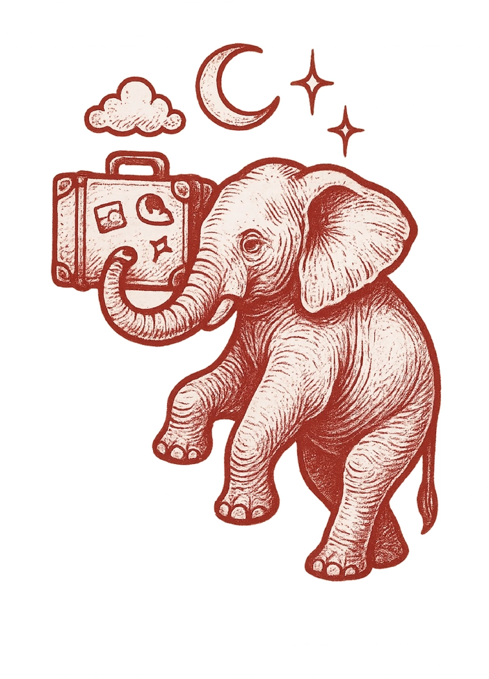 Tattoovorlage eines Elefanten mit Koffer und Traumwelten