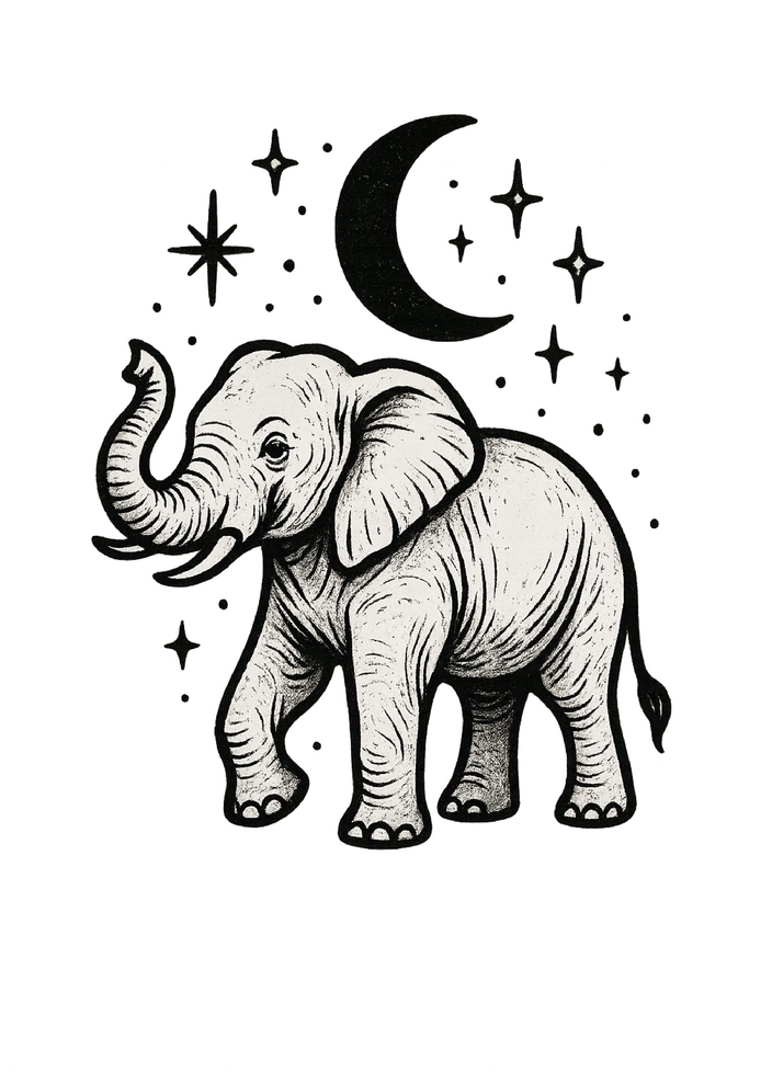Tattoovorlage Elefant mit Mond und Sternen
