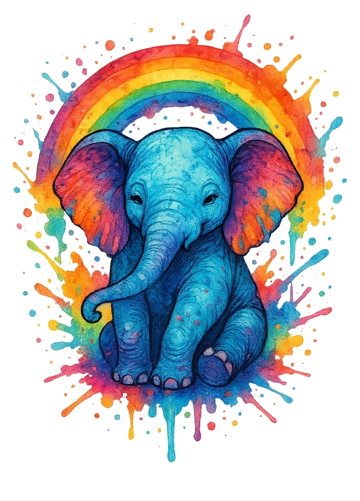 Tattoovorlage mit Elefant und Regenbogen in buntem Design