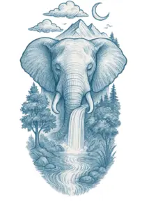 tattoovorlage-elefant-mit-wasserfall-und-naturmotiven