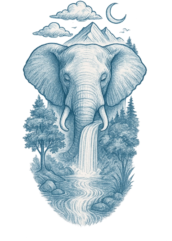Tattoovorlage Elefant mit Wasserfall und Naturmotiven