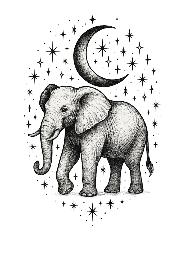 Tattoovorlage Elefant umgeben von Sternen und Mond