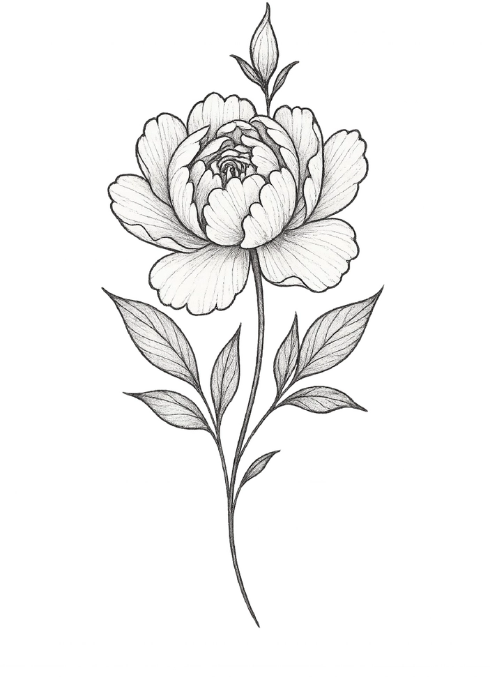 Tattoovorlage elegante Pfingstrose mit zarten Details