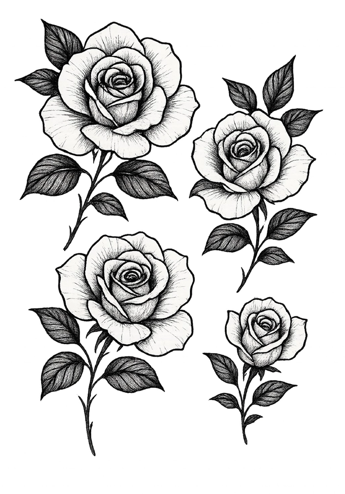 Tattoovorlage mit eleganten Rosen in verschiedenen Größen
