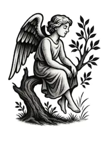 tattoovorlage-engel-auf-baum-sitzend-natur-geniessend