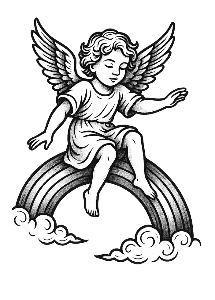 Tattoovorlage Engel auf Regenbogen schwarz-weiß