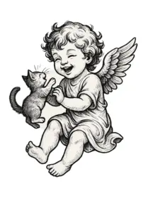 tattoovorlage-engel-mit-kaetzchen-spielend-voller-freude