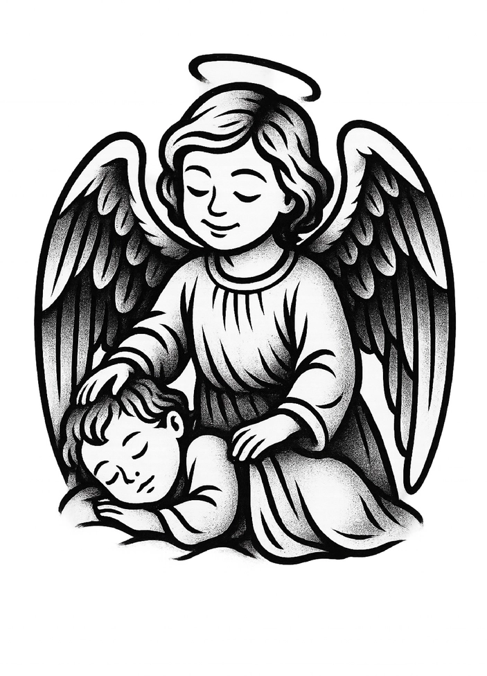 Tattoovorlage Engel mit schlafendem Kind in Schwarz-Weiß