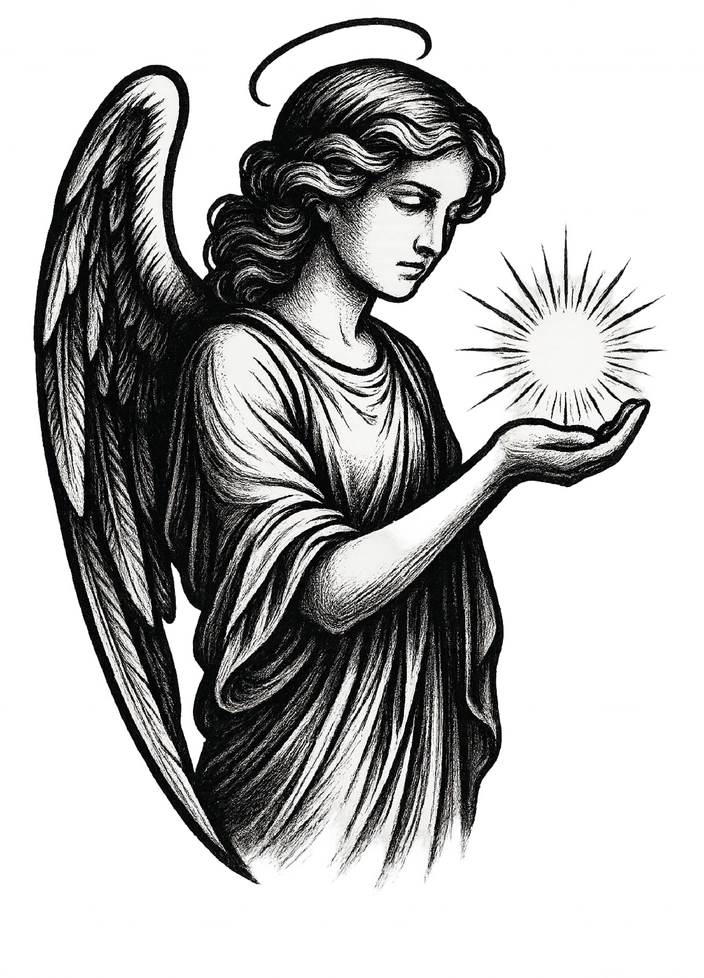 Tattoovorlage Engel mit Lichtball Hoffnung symbolisiert