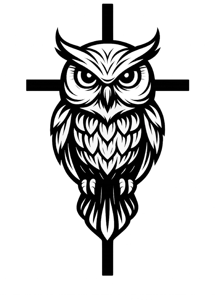 Tattoovorlage Eule auf Kreuz - Weisheit und Symbolik