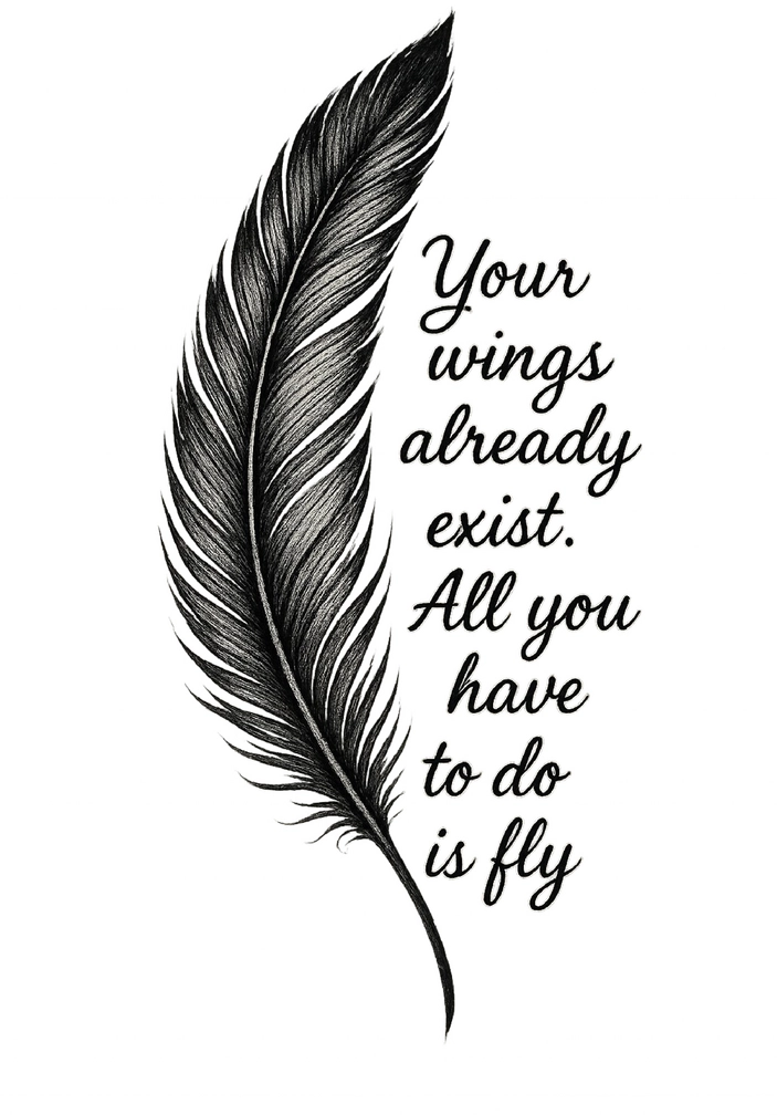 Tattoovorlage Feder mit inspirierendem Zitat für Frauen