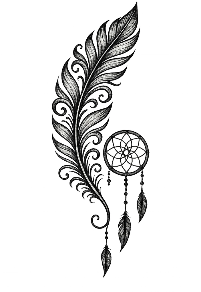 Tattoovorlage Feder mit Traumfänger für Frauen