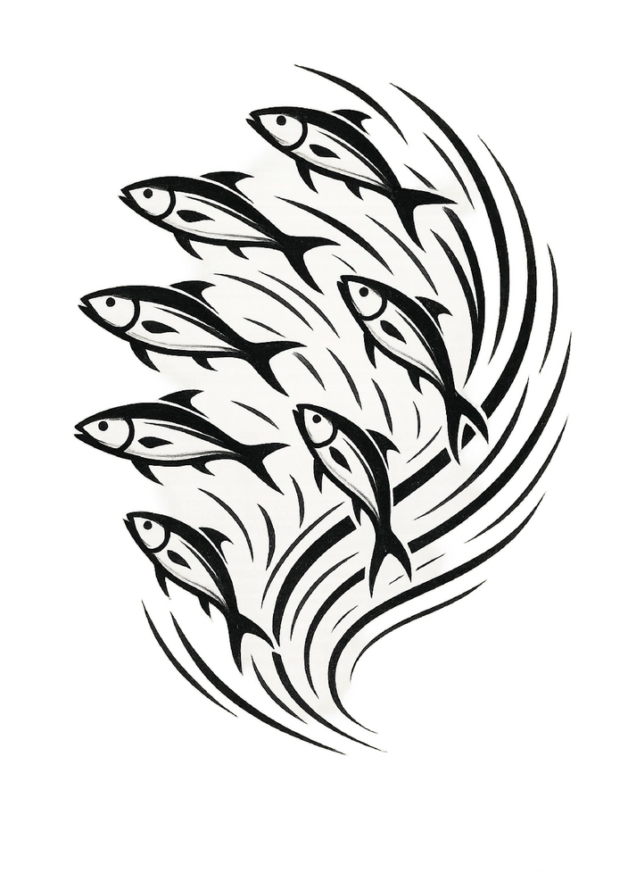 Tattoovorlage Fischschwarm in dynamischen Linien
