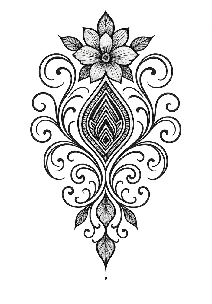 Tattoovorlage mit floralen Elementen und geschwungenen Linien