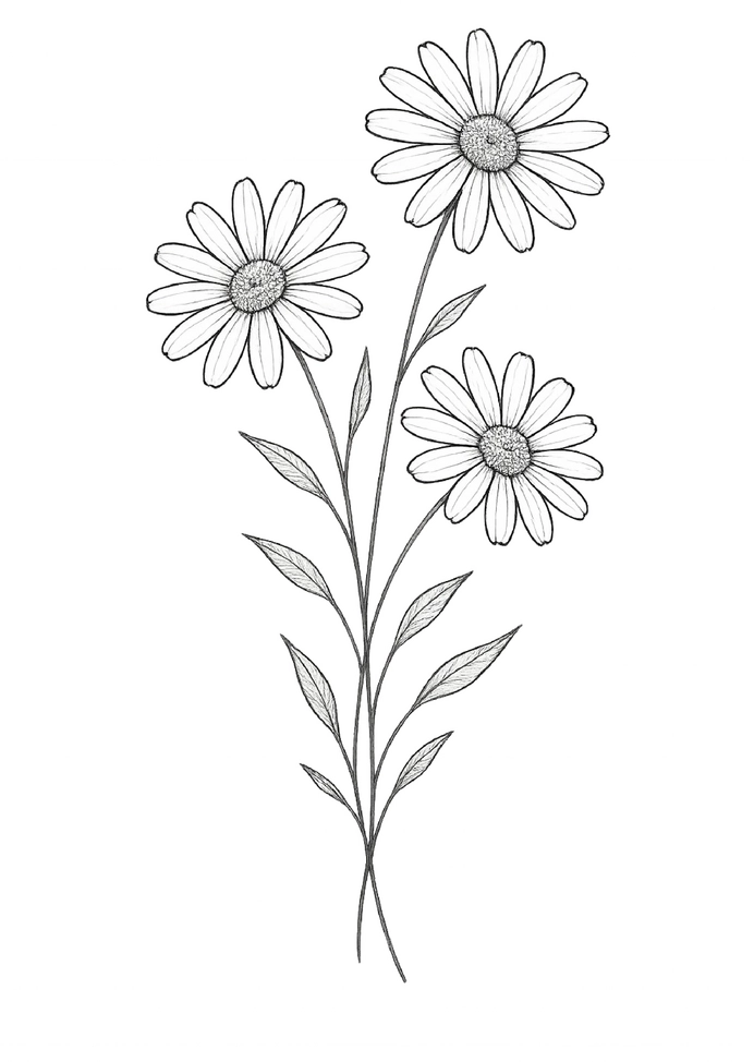Tattoovorlage Gänseblümchen mit feinen Linien in harmonischer Anordnung