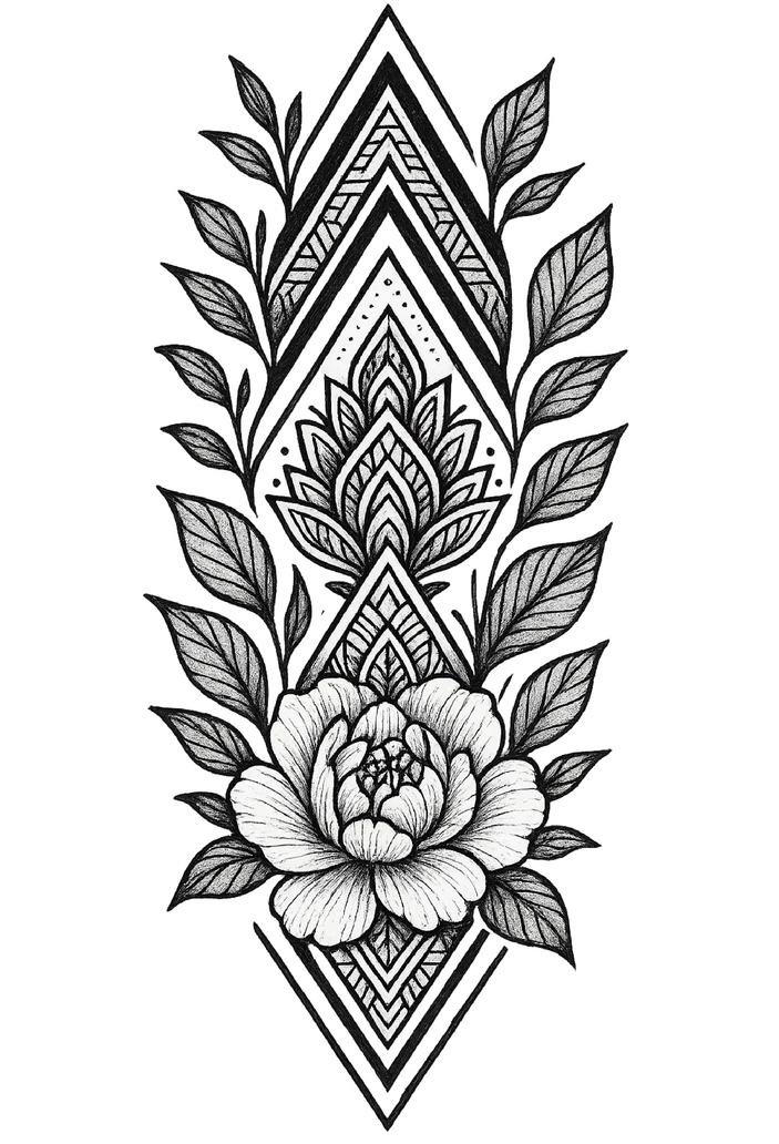 Tattoovorlage mit geometrischen Mustern und Rose