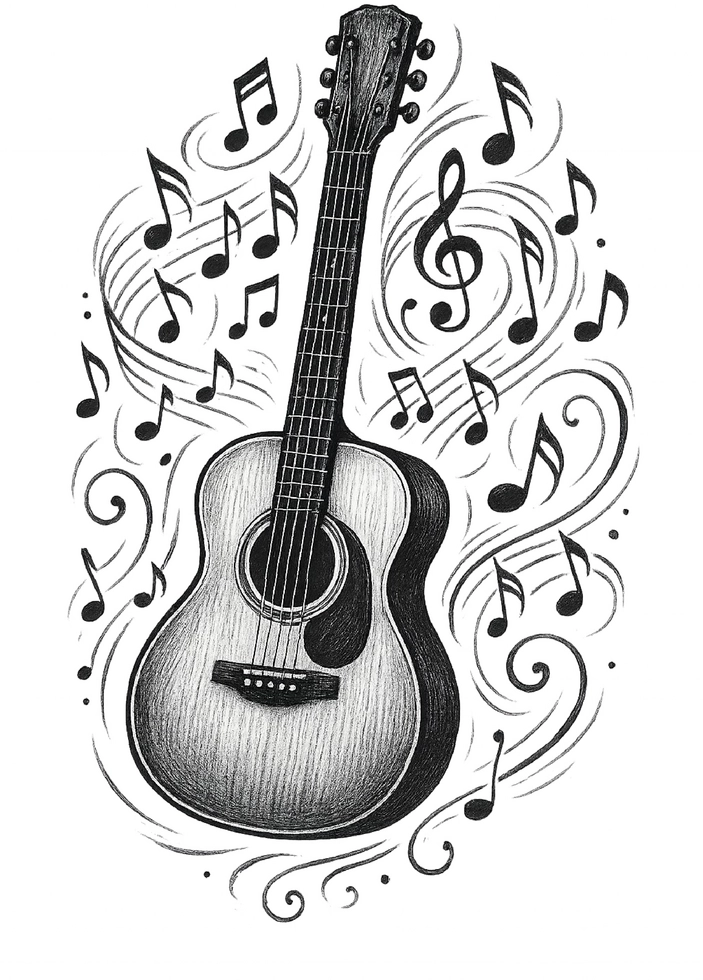 Tattoovorlage Gitarre mit Noten für Musiker