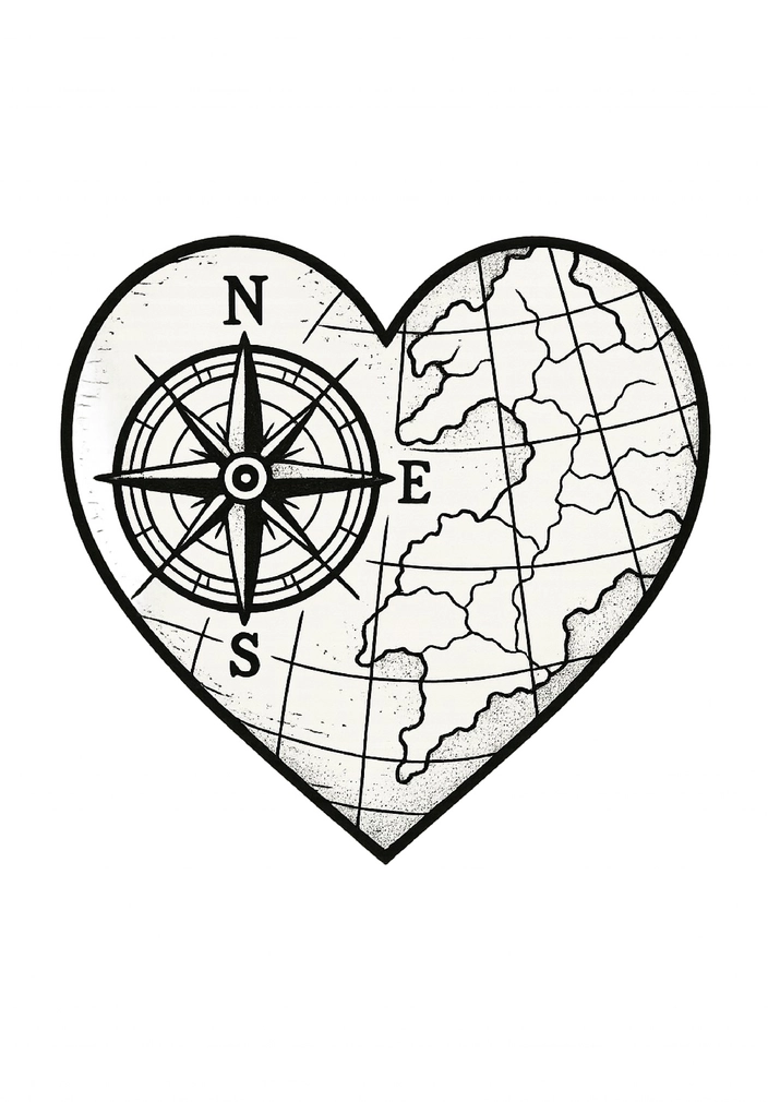 Tattoovorlage Herz mit Kompass und Karte