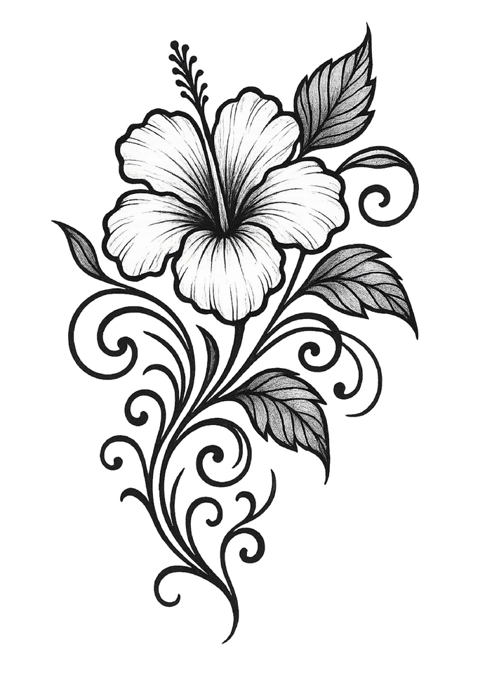Tattoovorlage Hibiskusblüte mit Blättern und Ornamenten
