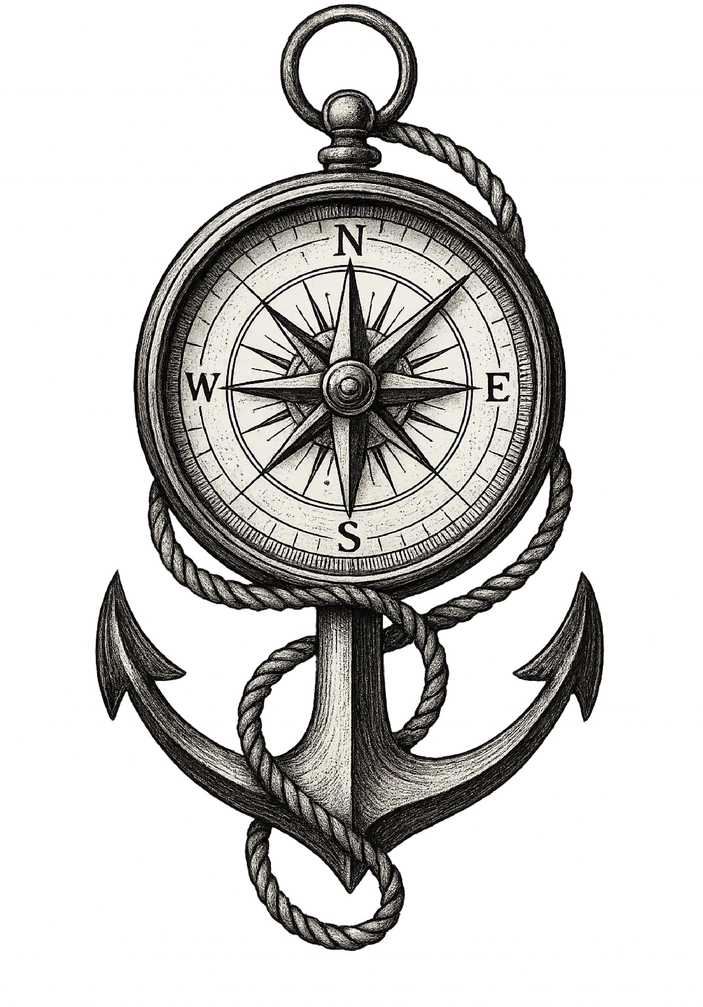 Tattoovorlage Kompass mit Anker und nautischen Details