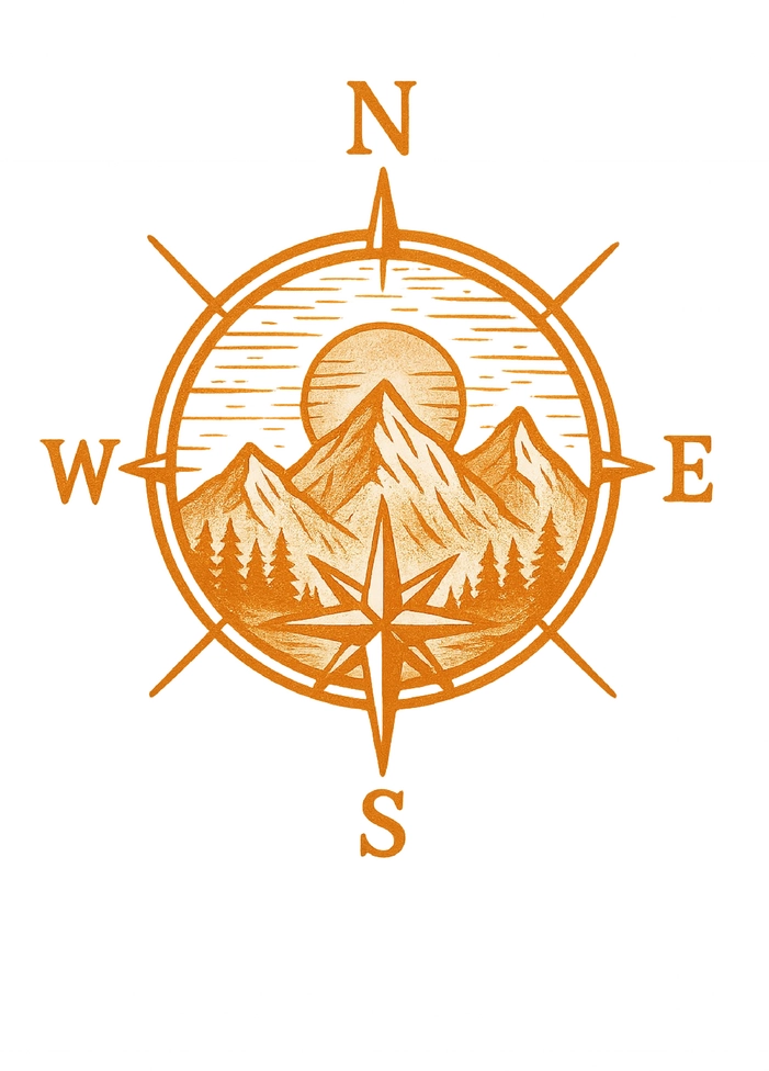 Tattoovorlage Kompass mit Berglandschaft und Sonnenuntergang