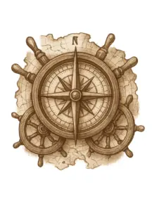tattoovorlage-kompass-mit-schiffslenkraedern-in-braun