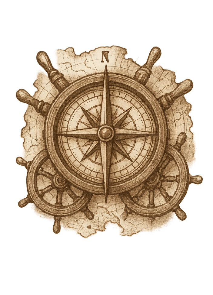 Tattoovorlage Kompass mit Schiffslenkrädern in Braun