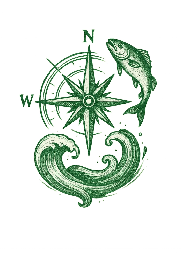 Tattoovorlage Kompass mit Wellen und Fisch