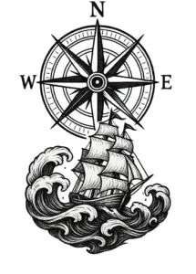 tattoovorlage-kompass-und-schiff-in-wellen