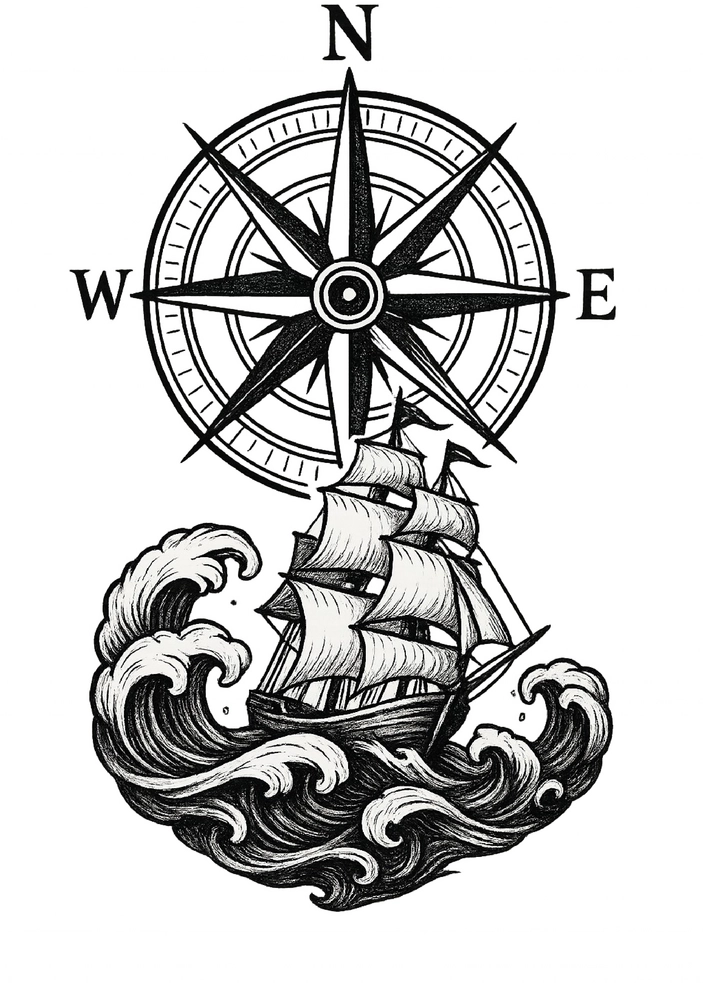 Tattoovorlage mit Kompass und Schiff in Wellen