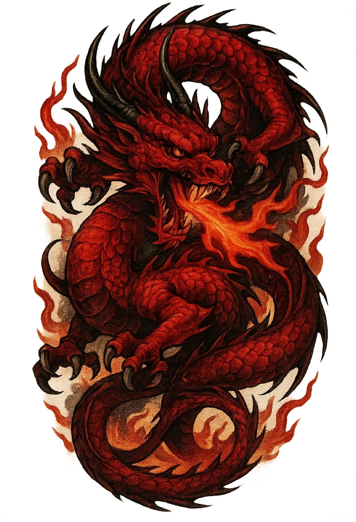 Tattoovorlage eines kraftvollen roten Drachen im Kampf