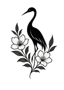 tattoovorlage-kranich-mit-blumen-silhouette