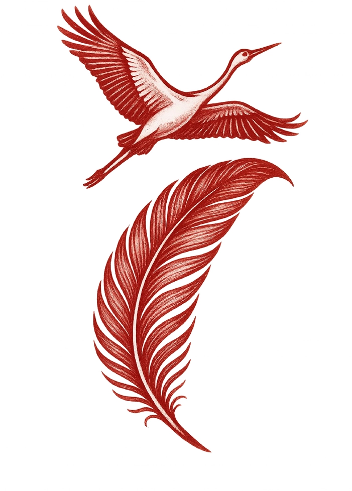 Tattoovorlage Kranich und geschwungene Feder