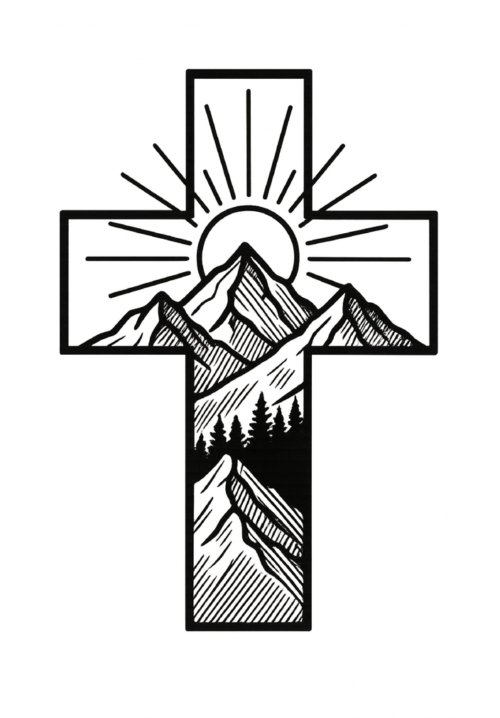 Tattoovorlage Kreuz mit Bergen und Sonnenaufgang
