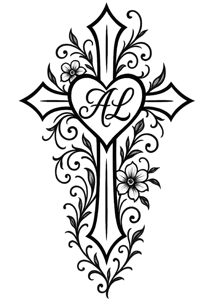 Tattoovorlage Kreuz mit Herz und floralen Elementen